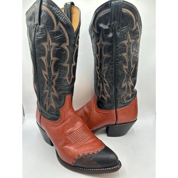 Vintage Tony Lama Boots 6951 Men’s Black Brown Lizard Tip Western Cowboy Boot 8 - Picture 8 of 10